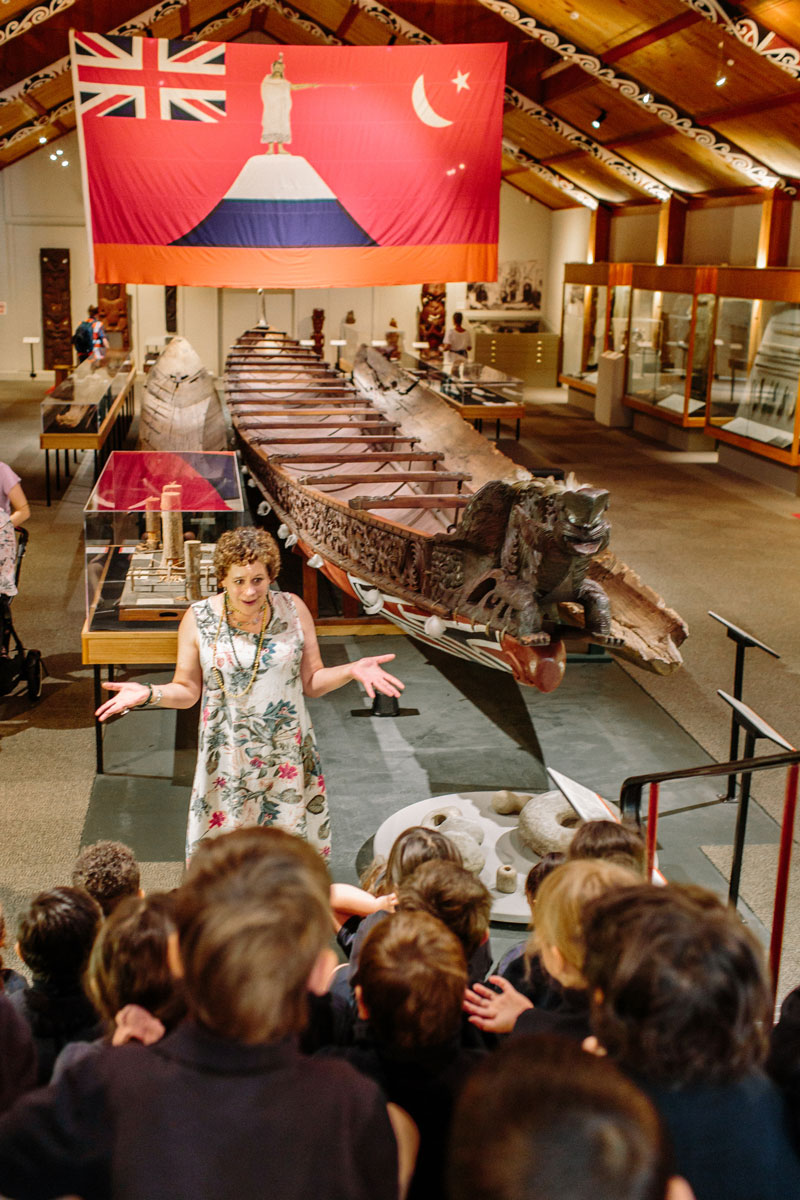 Lisa Reweti talks to school students at the museum